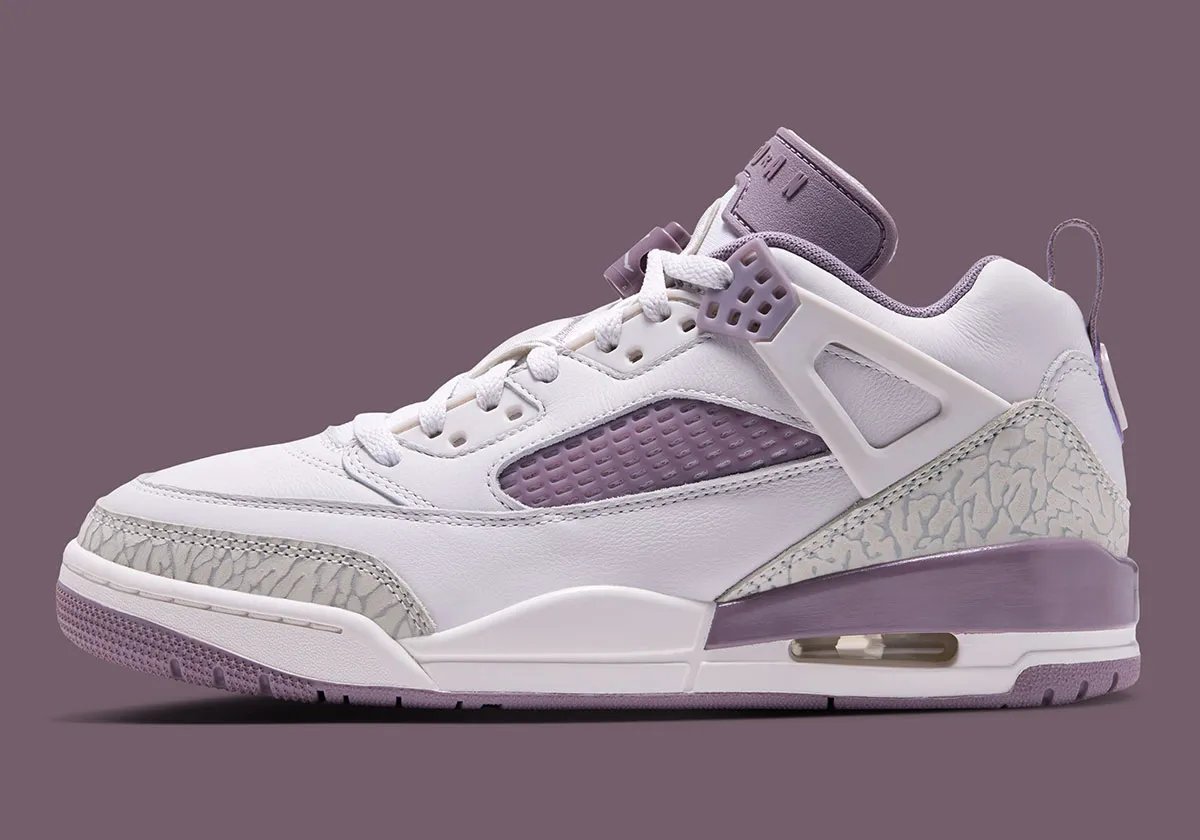 Jordan Spiz'ike Low 'Swan' women's colorway featuring swan white and light violet leather with grey elephant print detail - detail view 1