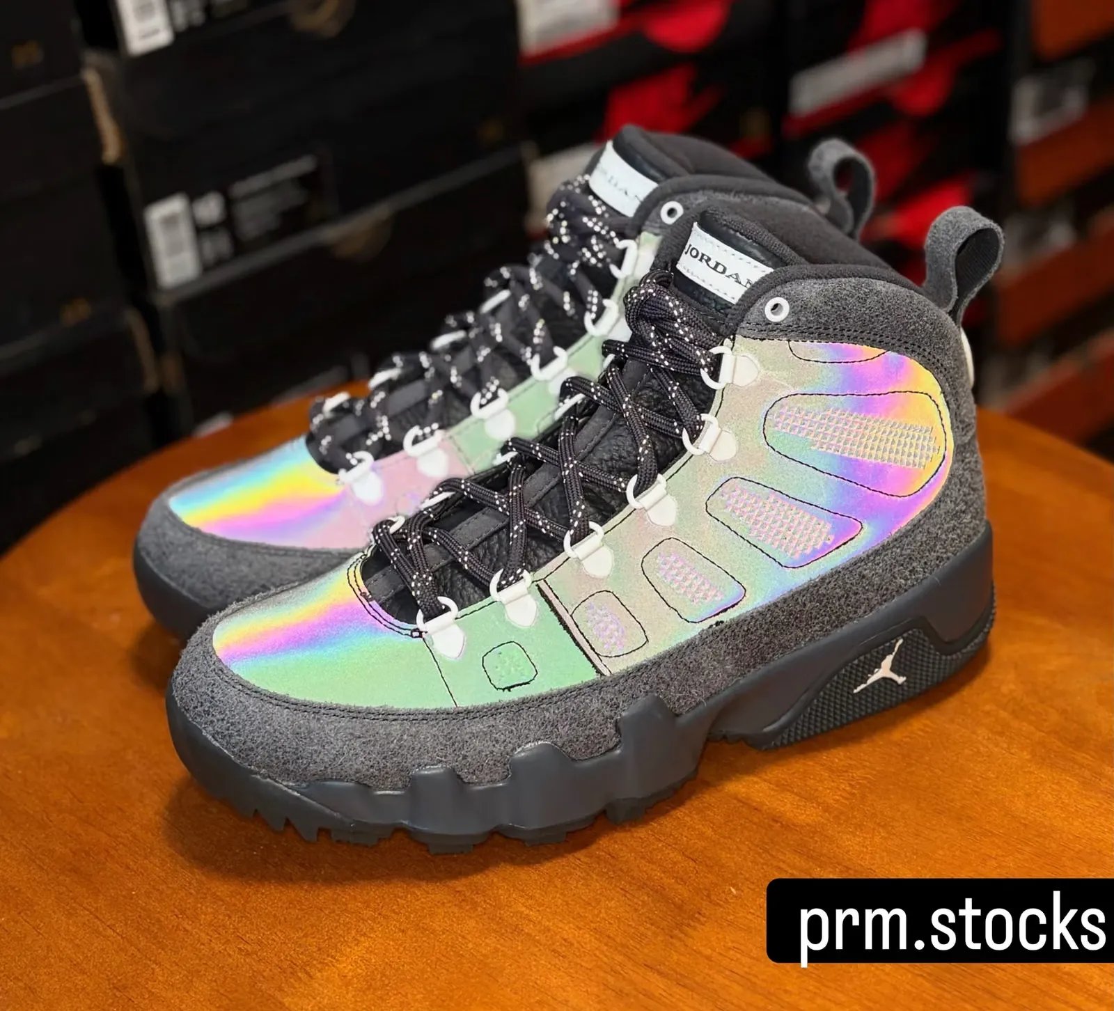Air Jordan 9 Boot in Anthracite and Multicolor with iridescent side panels, Holiday 2026 release - detail view 2
