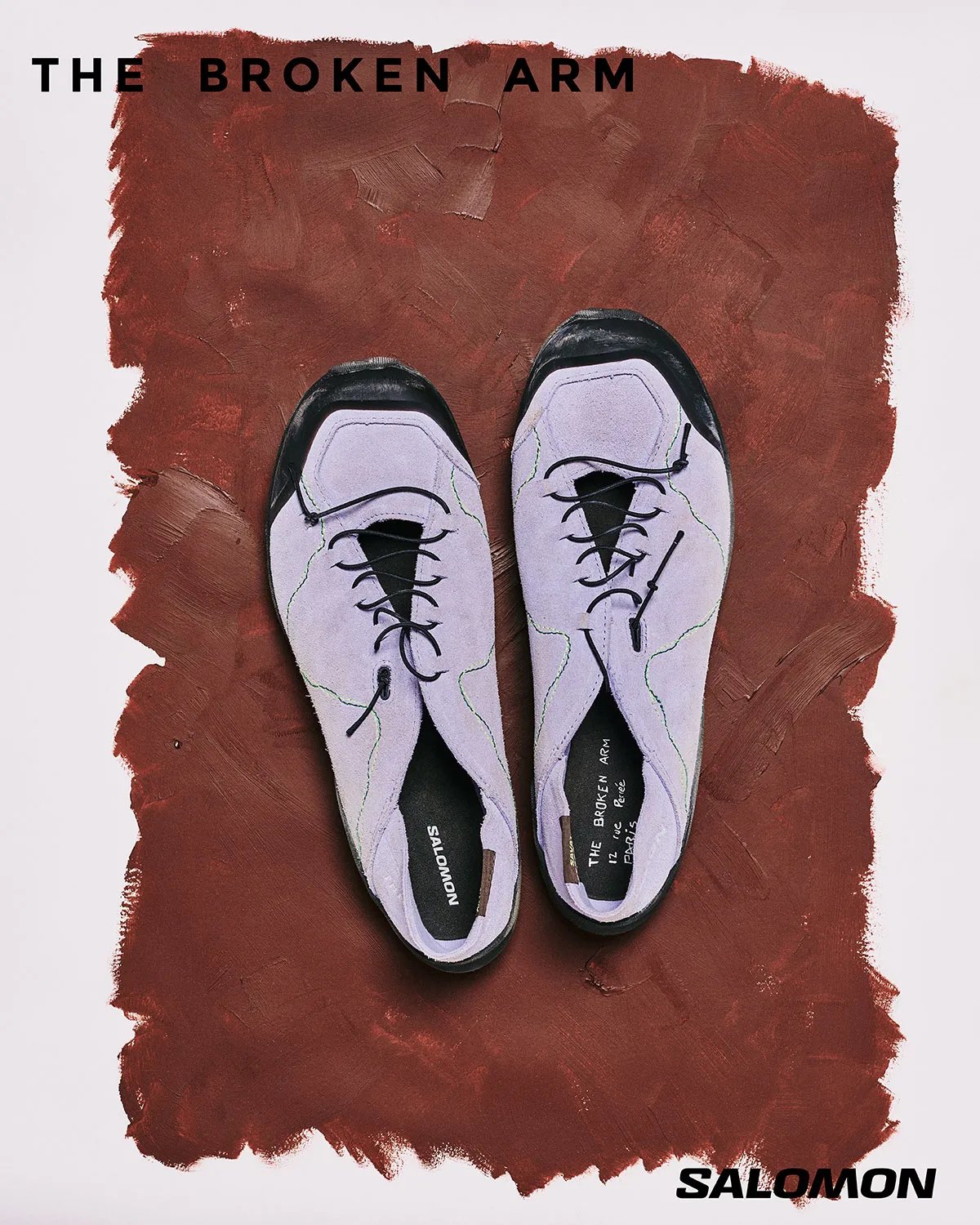 Broken Arm x Salomon Savát sneaker collaboration featuring minimalist leather upper and performance sole unit, shown in Cosmic Sky and Black Olive colorways - detail view 1