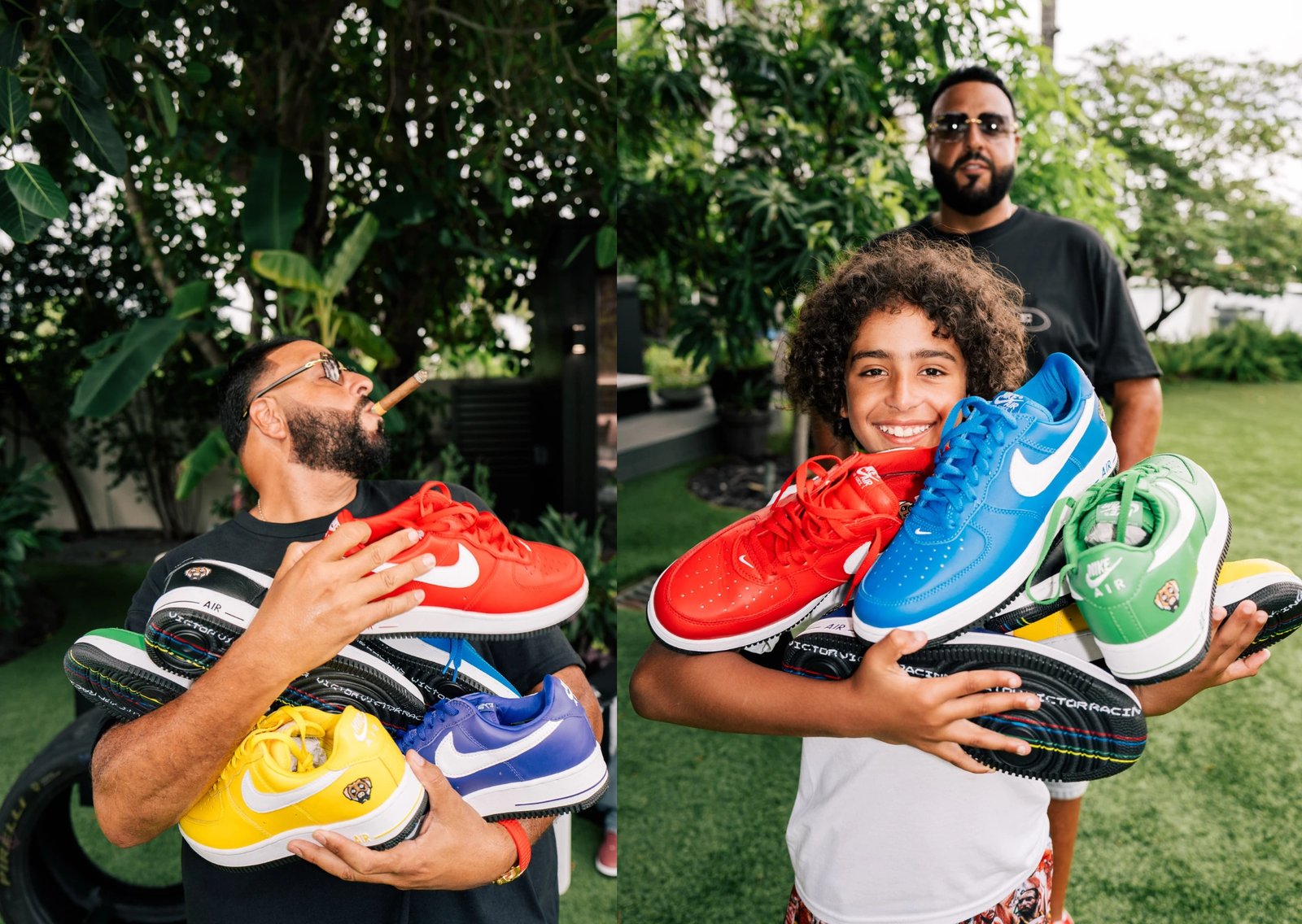 DJ Khaled holding multiple colorways of the Victor Victor x Nike Air Force 1 Low '01 collection in red, yellow, black, purple, and blue - detail view 1