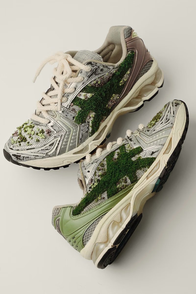 ANT KAI custom ASICS GEL-KAYANO 14 "Moss" featuring hand-stitched moss embroidery, burlap overlay, and distressed metallic accents - detail view 5