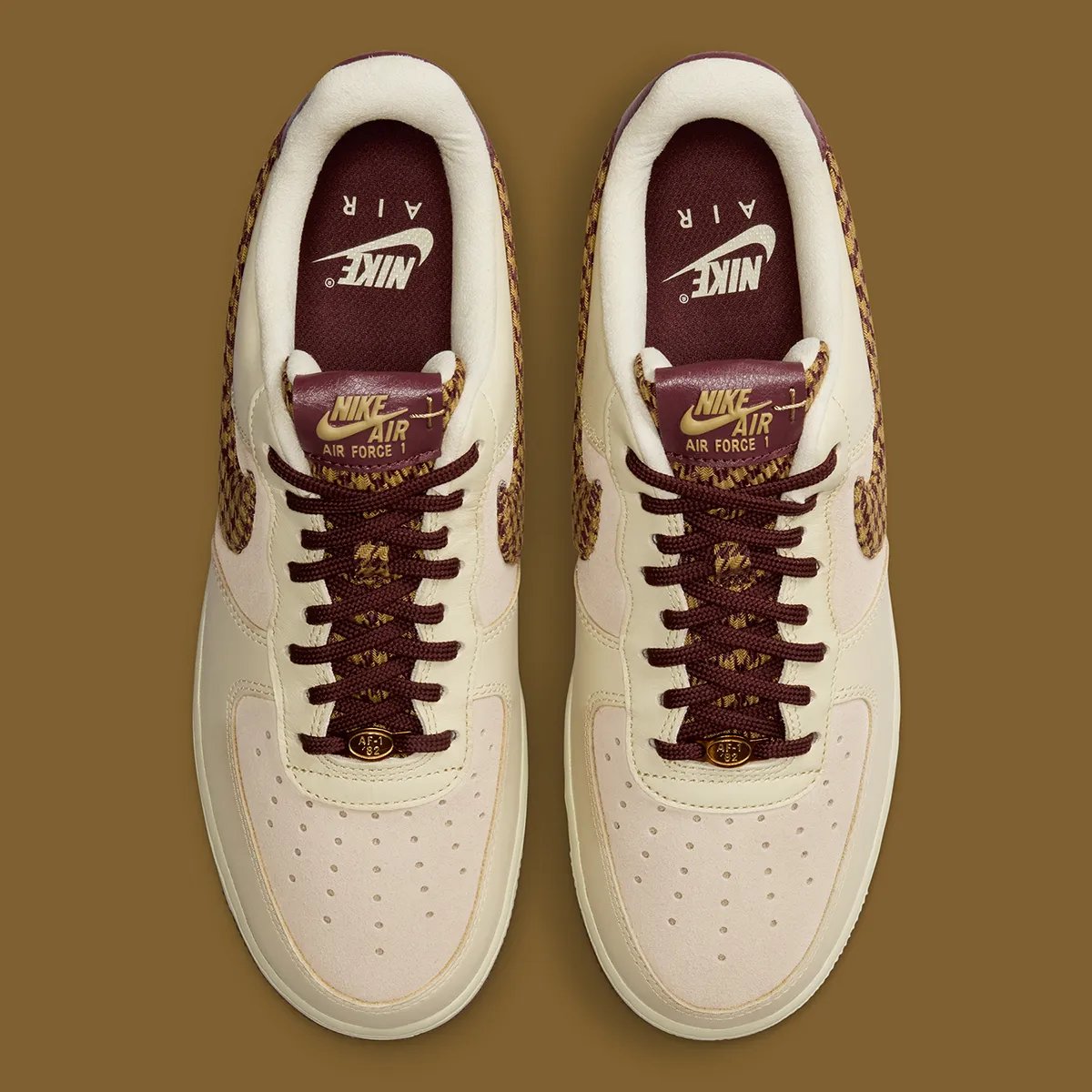 Nike Air Force 1 Low in khaki suede and leather with multicolor khaki and maroon houndstooth pattern on Swoosh and tongue - detail view 4