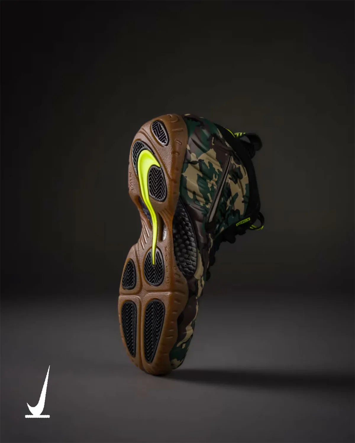 Nike Air Foamposite Pro Green Camo in forest green, beige, brown and black camouflage with black nubuck overlays and volt swoosh accents - detail view 3
