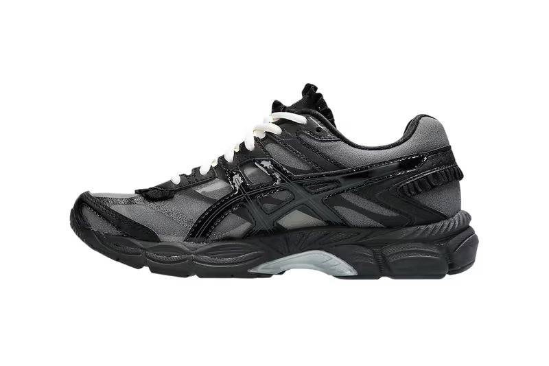 Griff x ASICS GEL-Cumulus 16 black and metallic grey sneaker with ruffled detailing and white tongue - detail view 3