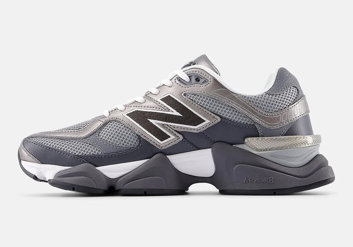 New Balance 9060 Metallic Magnet in grey mesh and dark leather with shimmering metallic silver accents - detail view 2
