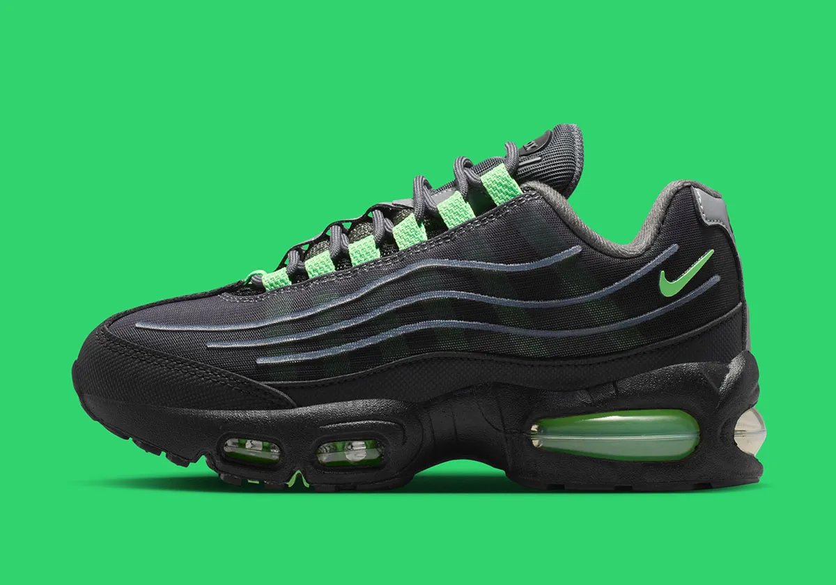 Nike Air Max 95 Tech in Illusion Green colorway with black and iron grey base, showing mesh and TPU construction details - detail view 1