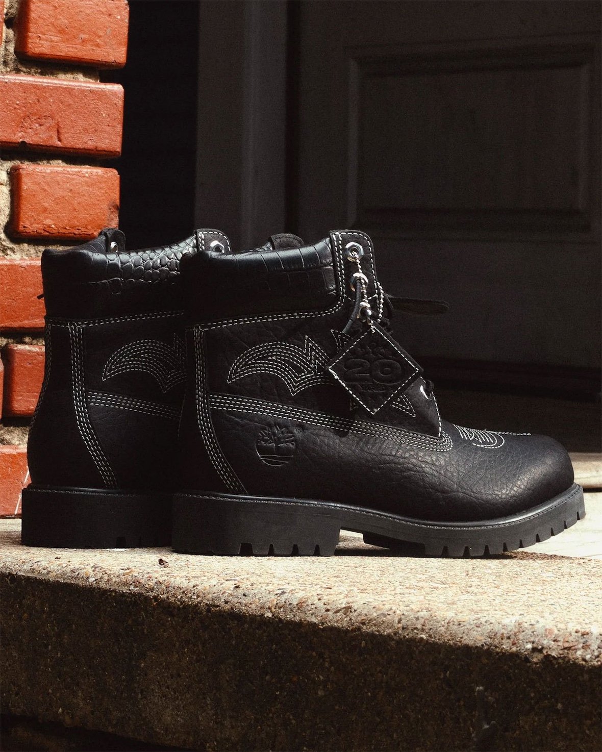 Sneaker Politics x Timberland Outlaw and Rodeo 6-Inch Boots in black pebbled leather and brown cow-print, September 2026 release - detail view 2