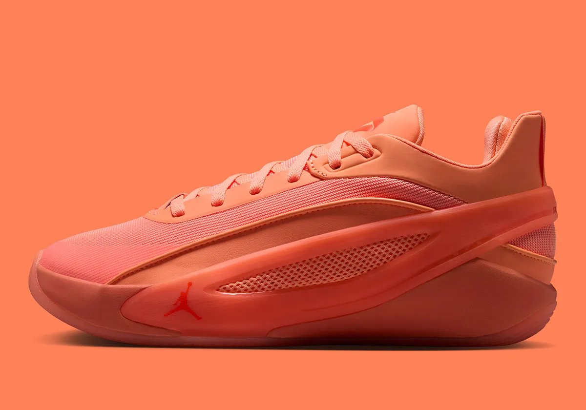 Jordan Luka 5 in Orange Pulse and Hyper Crimson colorway, side profile view - detail view 1