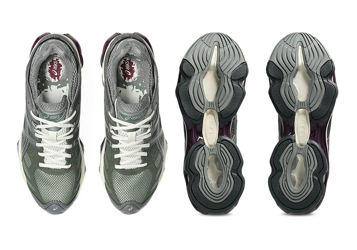 ASICS GEL-Kinetic 2.0 Lichen Green sneaker featuring muted green upper, cream and burgundy midsole with silver GEL pods - detail view 3