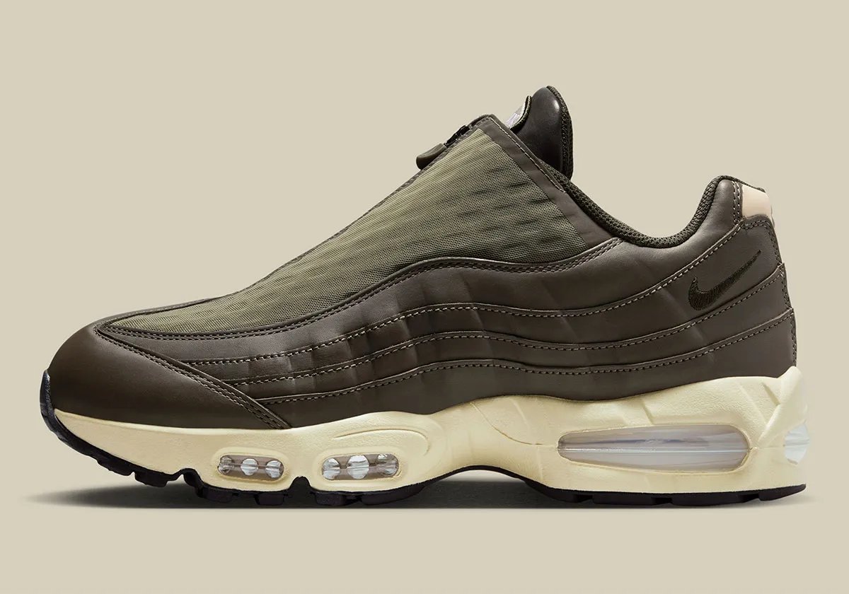Nike Air Max 95 Zip in Medium Olive, Alabaster, and Velvet Brown with mesh construction and aged sole - detail view 1