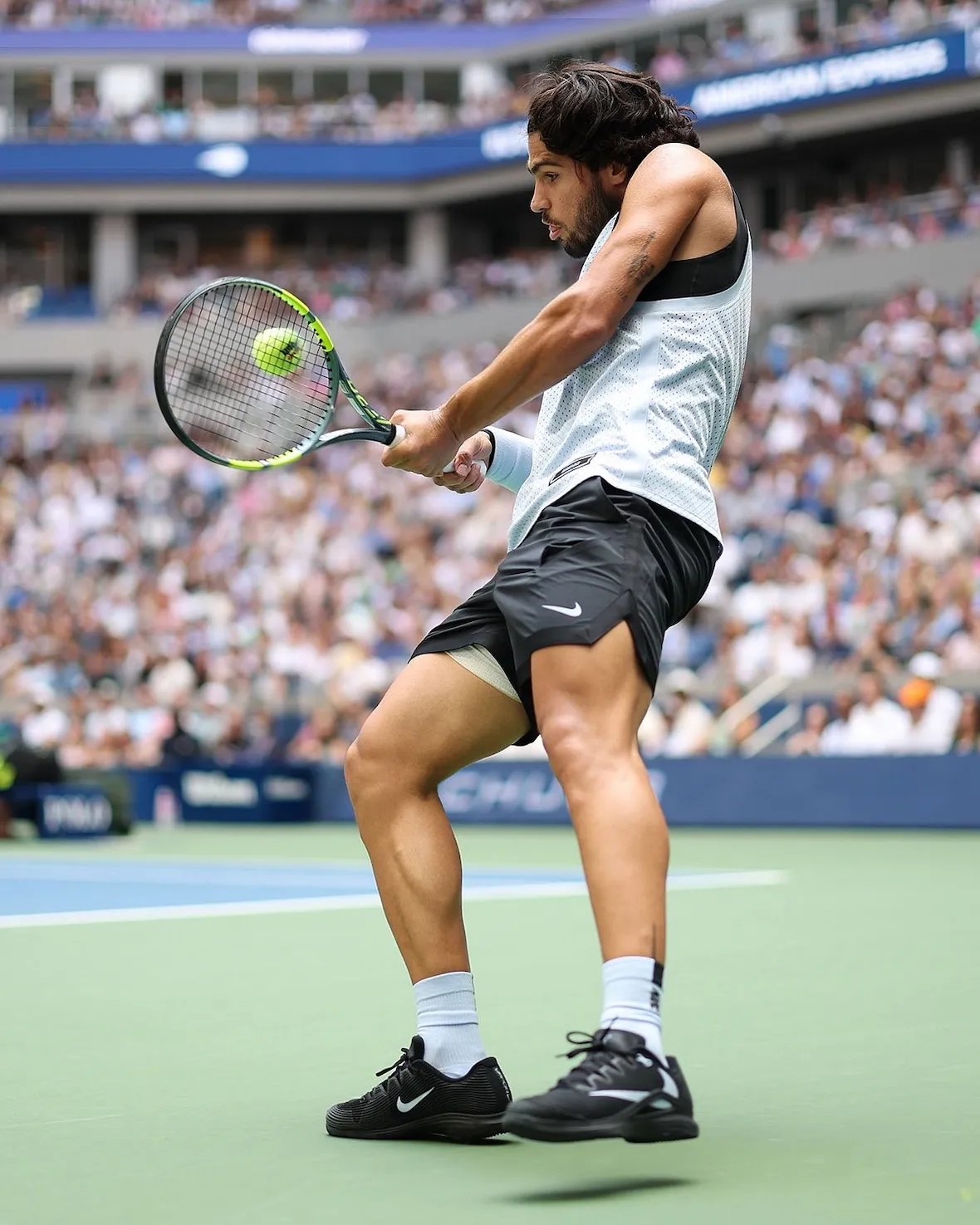 Carlos Alcaraz wearing black Travis Scott x Nike Zoom Vapor 12 with white Reverse Swoosh detail - detail view 4
