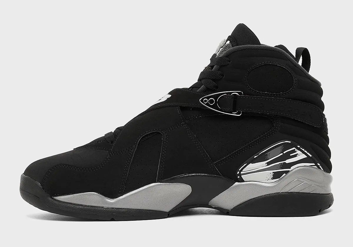 Air Jordan 8 Black Chrome featuring black upper with chrome accents and white/grey/black mudguard detailing - detail view 1