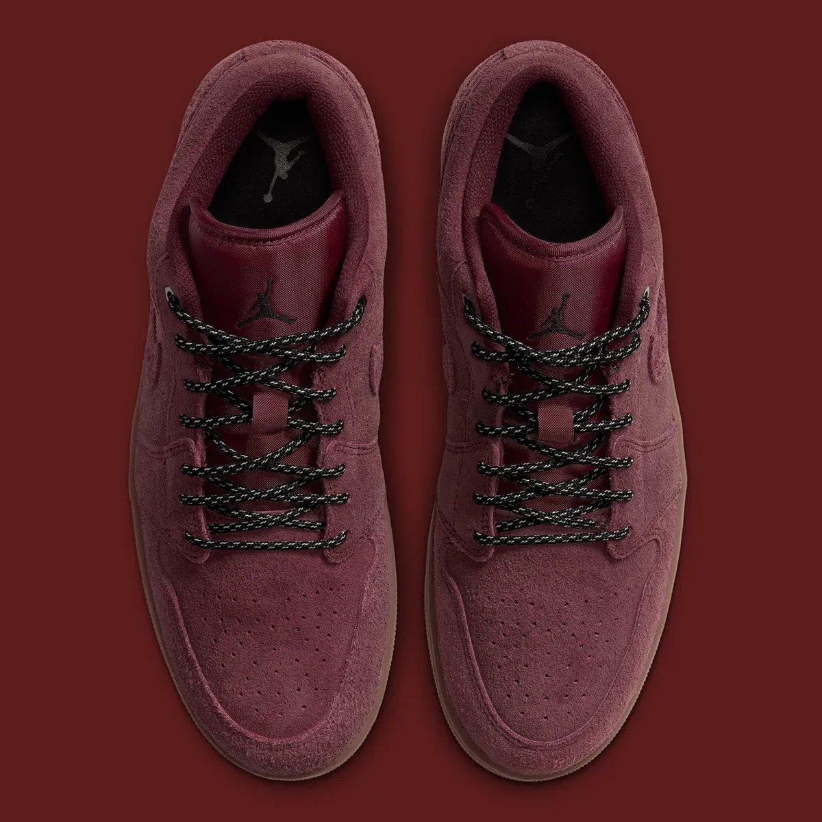 Nike Air Jordan 1 Low 'Dark Team Red' featuring shaggy suede, two-tone boot laces, and gum rubber sole in autumn colorway - detail view 3