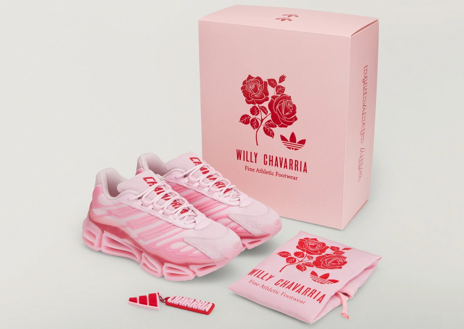 Willy Chavarria x adidas Megaride AG in bubblegum pink with Powder Red midsole support, official product shot from multiple angles - detail view 2