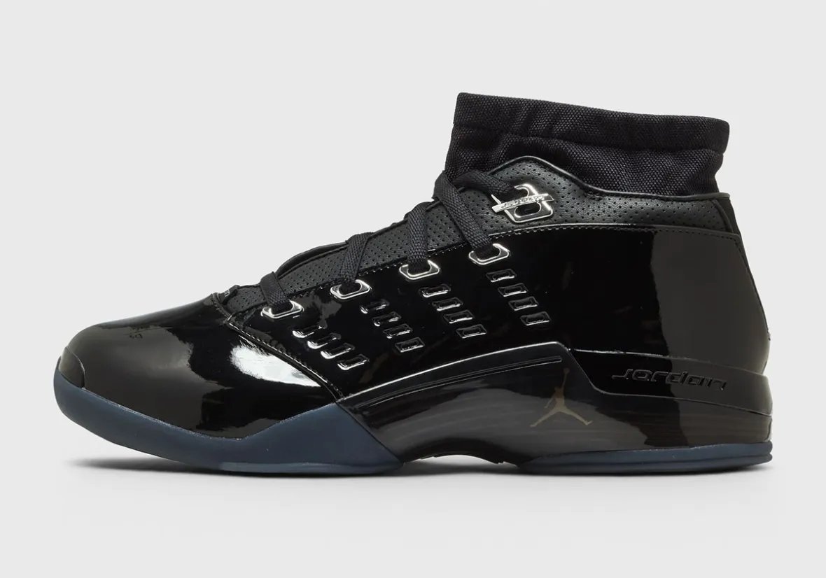 Air Jordan 17 Low Black Patent with glossy patent leather upper and metallic silver eyestays - detail view 3