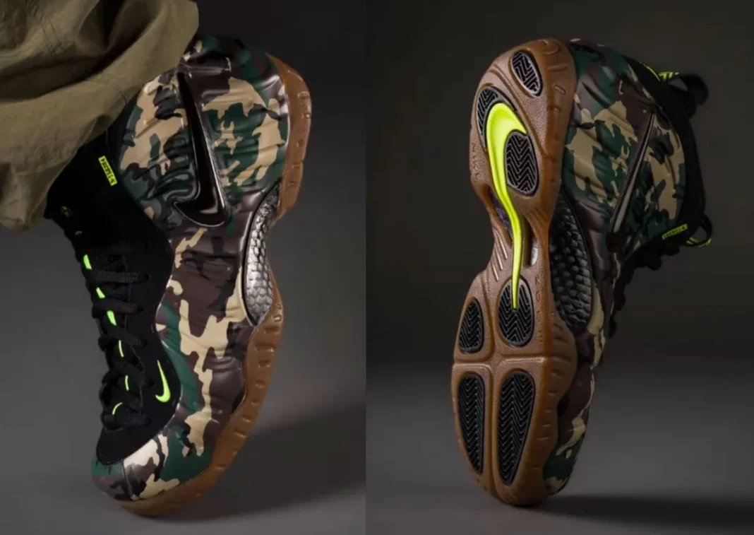 Nike Air Foamposite Pro Green Camo in forest green, beige, brown and black camouflage with black nubuck overlays and volt swoosh accents - detail view 1