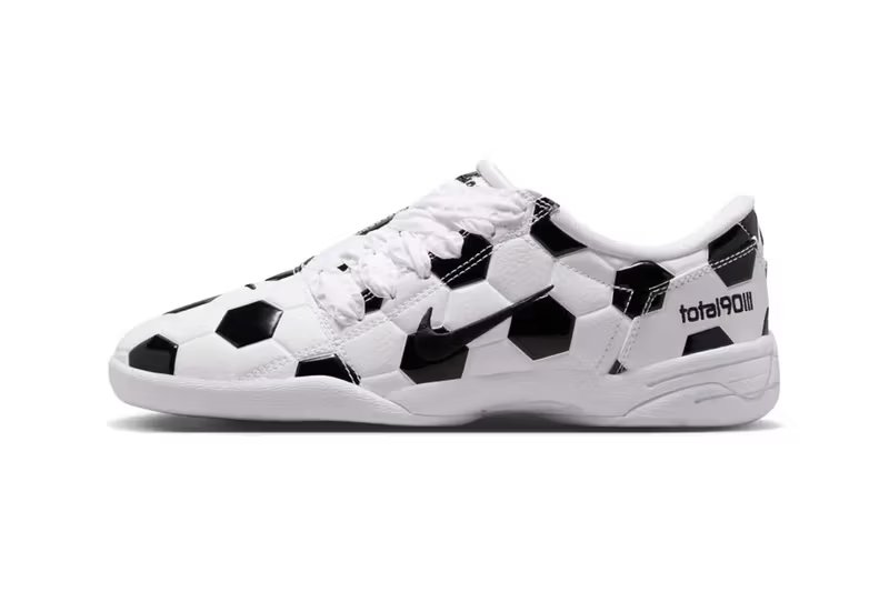 Nike Total 90 'White/Black' sneaker with hexagonal quilted leather upper and asymmetrical lacing, shown in full profile view - detail view 3