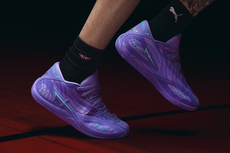 PUMA MB.06 'Shooting Star' in Dark Amethyst and Lavender Alert colorway with blue accents, LaMelo Ball signature basketball shoe - detail view 4