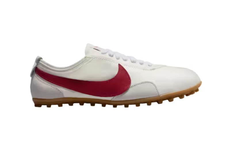 Nike Moon Shoe in Summit White and Team Crimson colorway, side profile view showing nylon mesh and gum rubber sole - detail view 4
