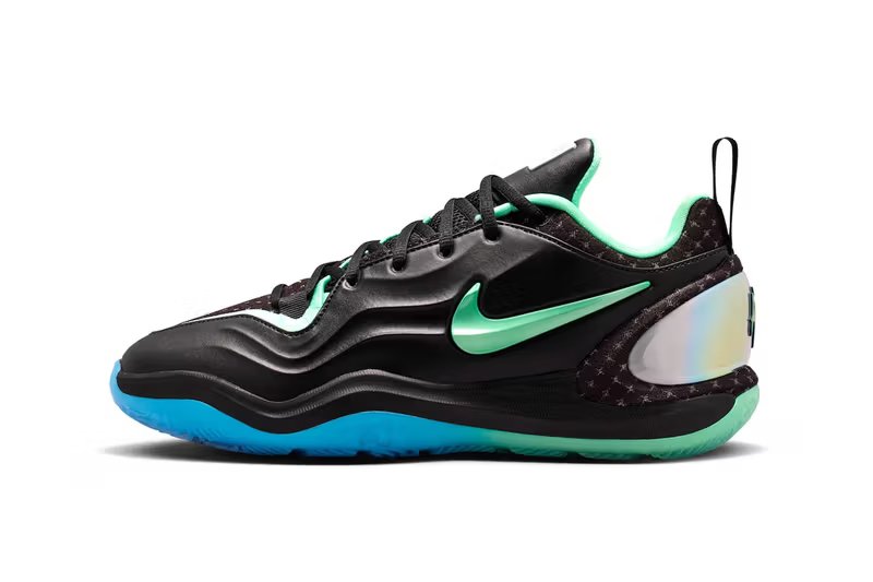 Nike A'Two "Nike Nationals" in black with Blue Glow and Green Glow accents, side profile showing Cushlon 3.0 midsole and Air Zoom technology - detail view 2