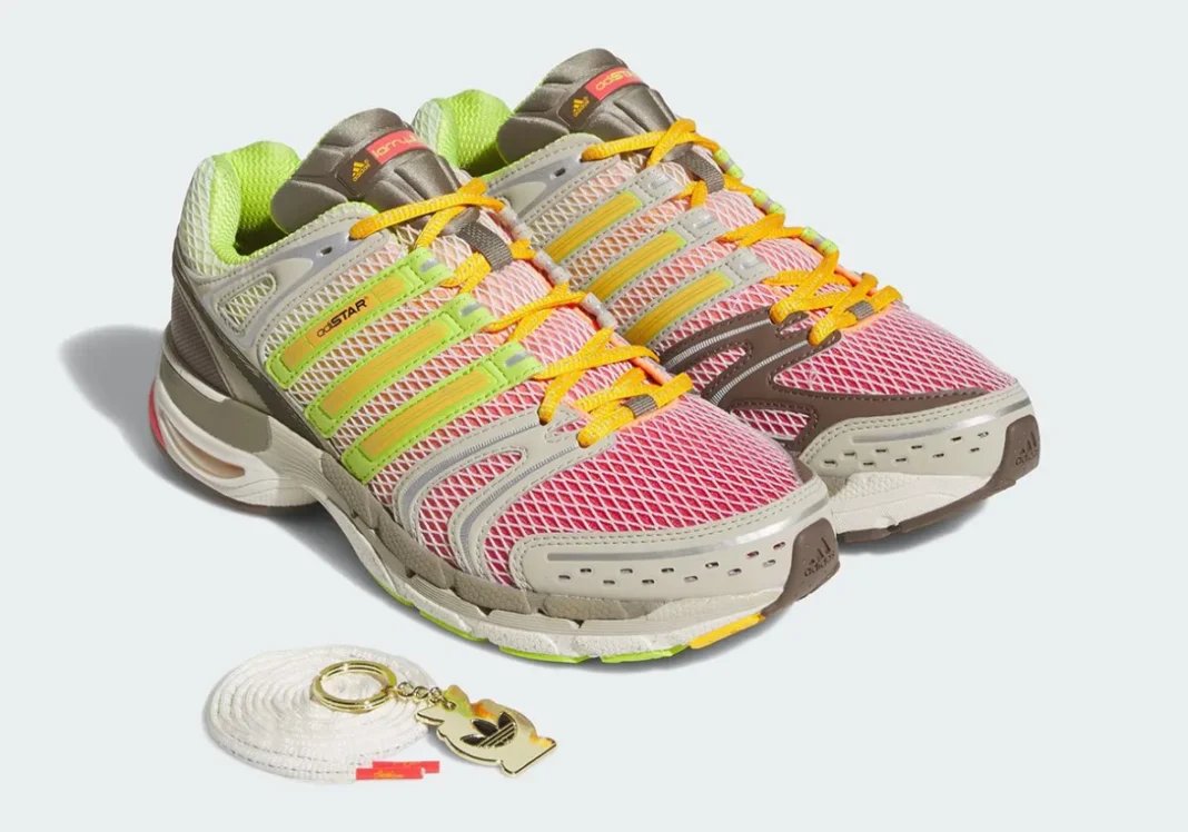 Larry June x adidas Adistar Control 5 collaboration in Semi Lucid Red and Semi Solar Slime-Clay, featuring layered grey and beige upper with green, orange, and red accents