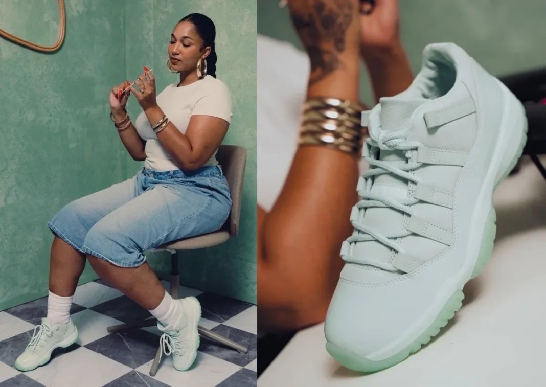 JAIDE x Air Jordan 11 Low in light sage with patent leather mudguard and translucent outsole