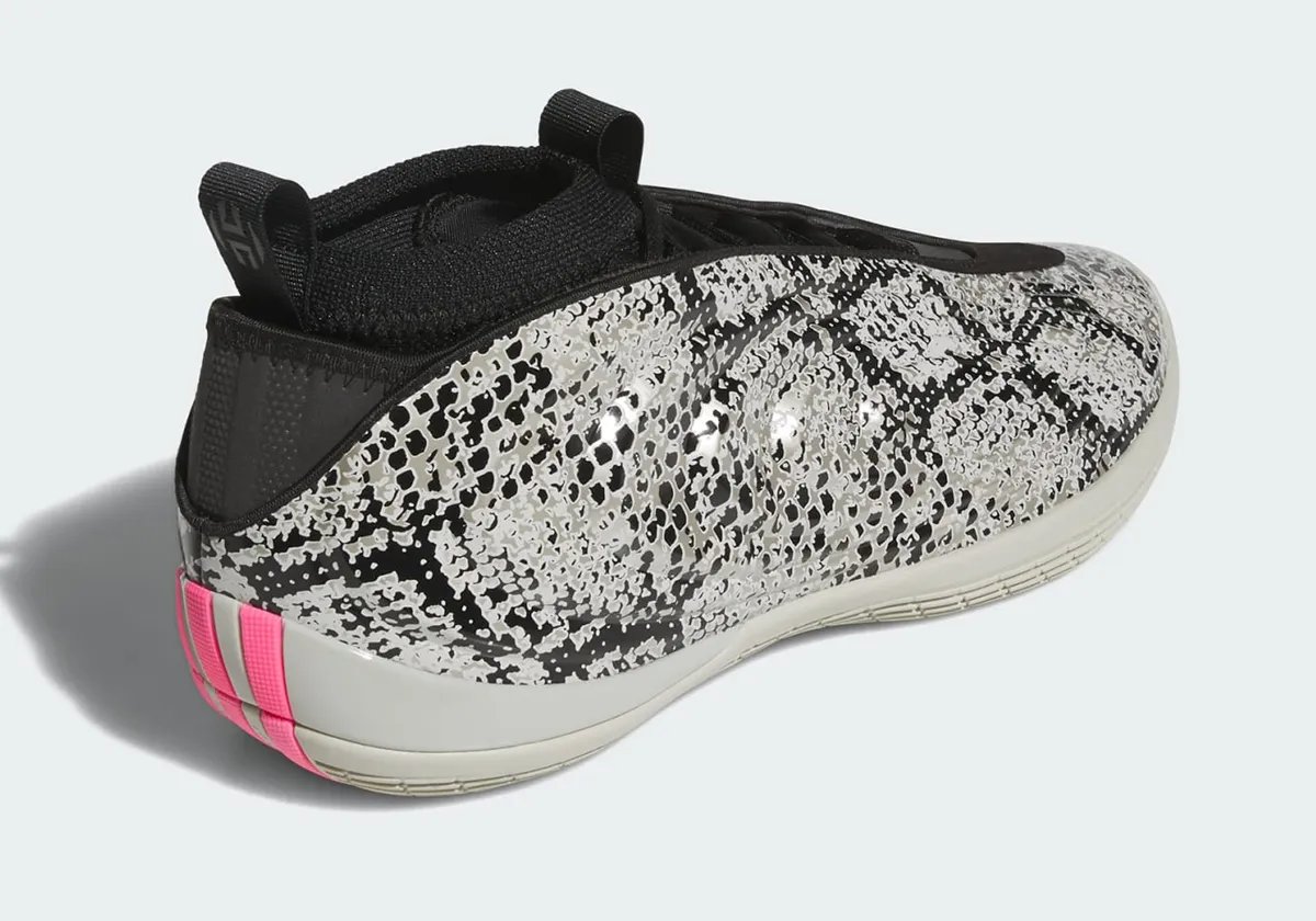 adidas Harden Vol. 10 in black and grey snakeskin print with pink accents and light grey midsole - detail view 1