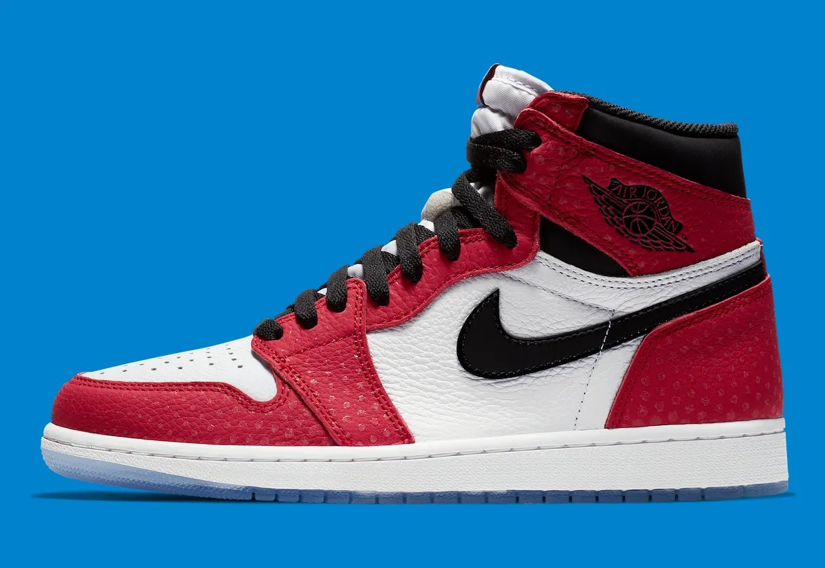 Air Jordan 1 High OG Origin Story in Gym Red, Black, and White with translucent icy outsole and reflective dots, released December 2018 - detail view 4