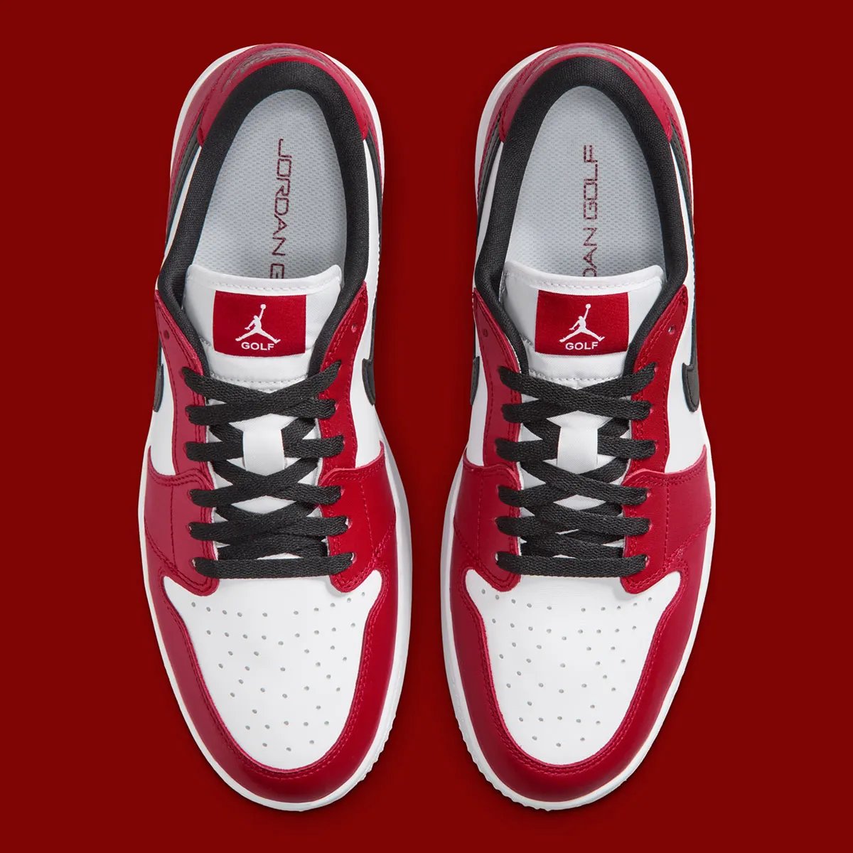 Air Jordan 1 Low Golf in Chicago red, white, and black colorway with golf-specific traction pattern and reinforced leather construction - detail view 4
