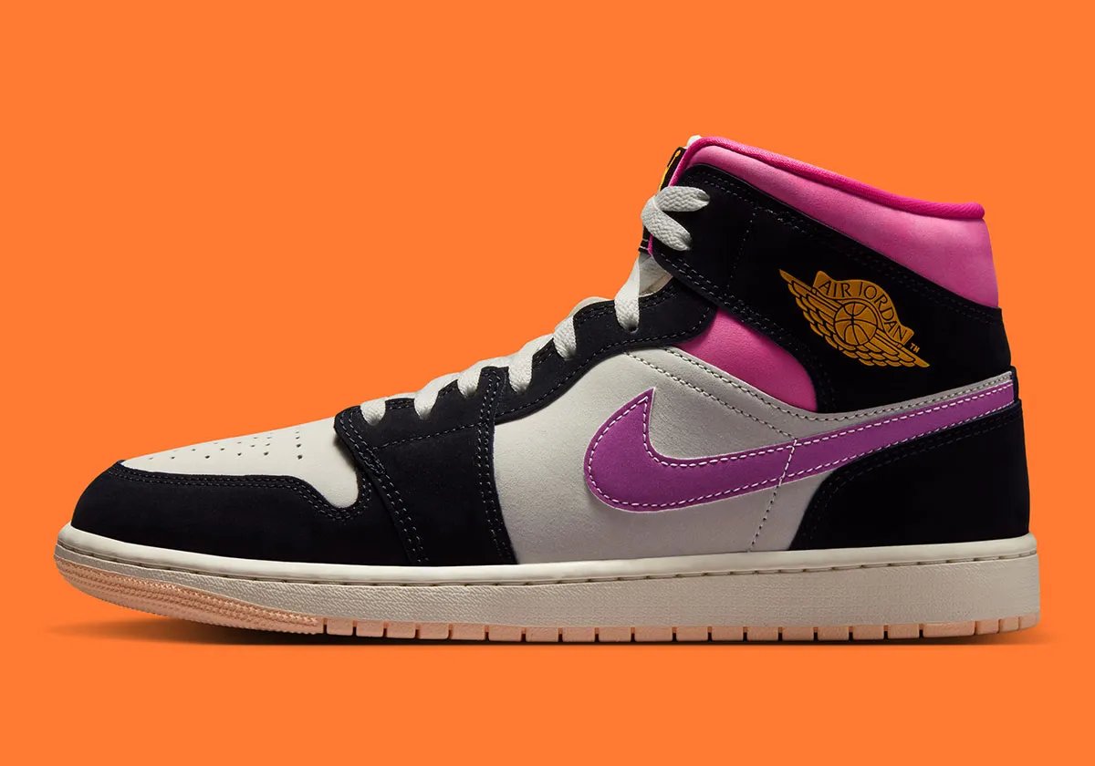 Air Jordan 1 Mid in Dunkin' Donuts-inspired orange and pink colorway, showing leather upper and classic silhouette - detail view 1