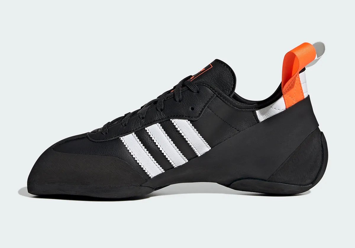 Adidas Samba Climbing Shoe in black, white, and orange colorway with curved Five Ten STEALTH Rubber outsole - detail view 3
