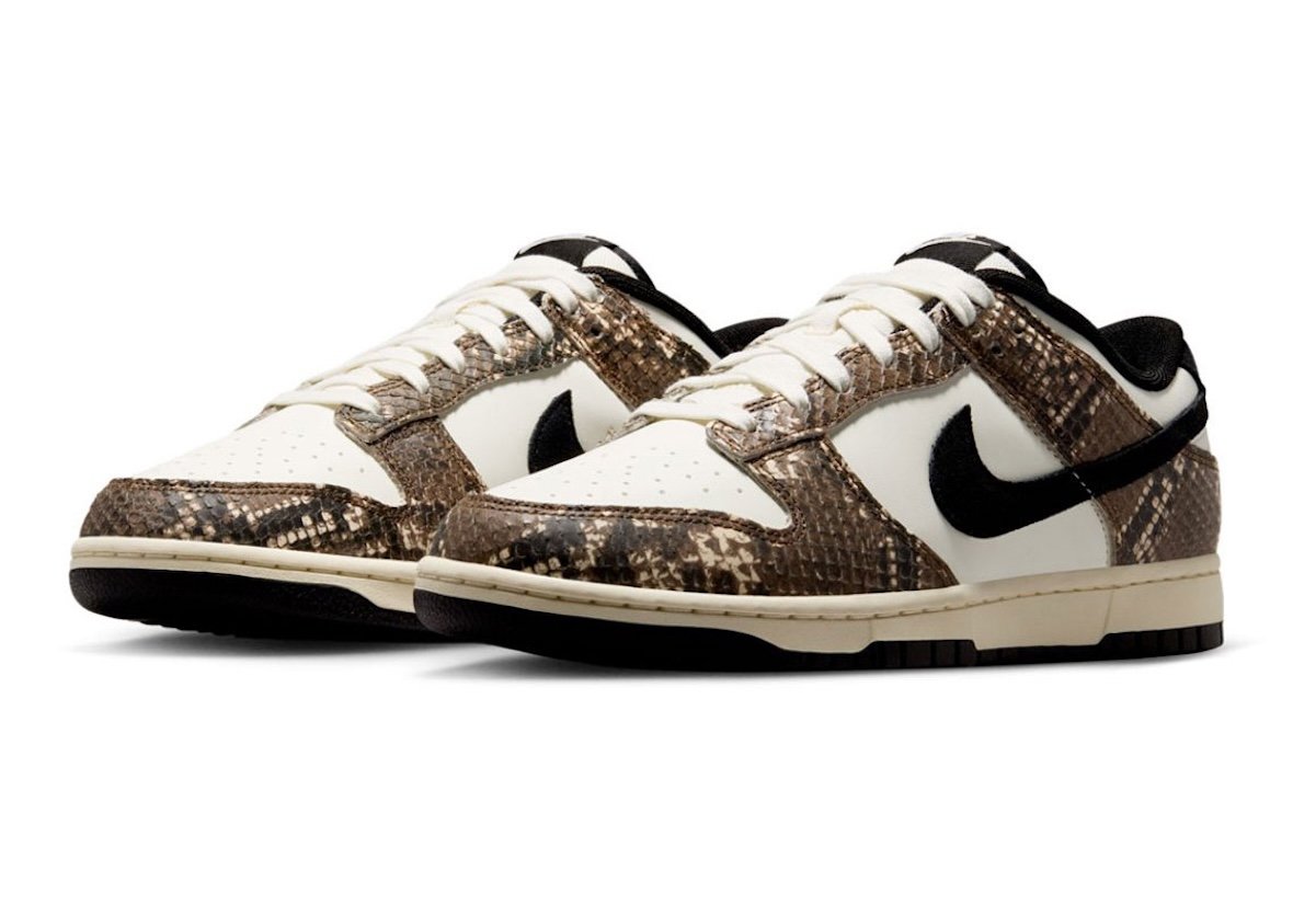 Nike Dunk Low Snakeskin in brown with pearl leather and black suede accents, releasing Summer 2026 - detail view 2