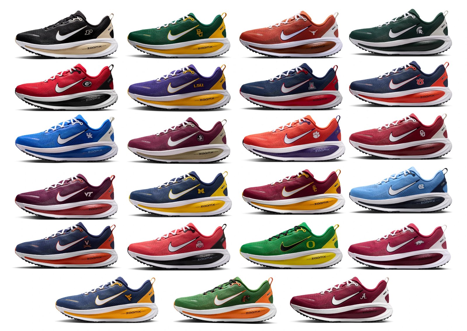 Nike Vomero 18 NCAA Pack featuring multiple school colorways with institutional logos positioned beneath the lateral Swoosh panel - detail view 1