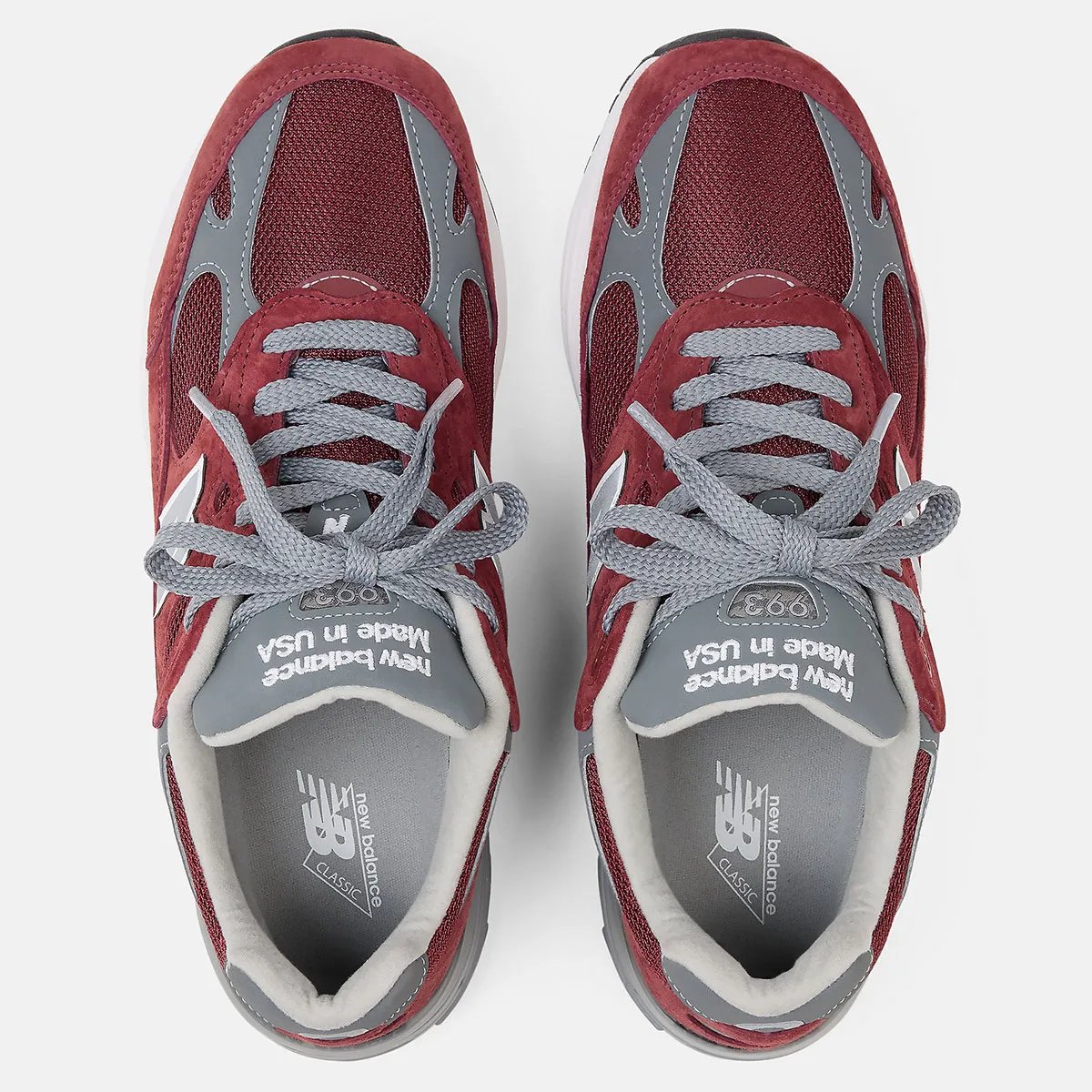 New Balance 993 Made in USA in Burgundy with mesh and suede construction - detail view 1