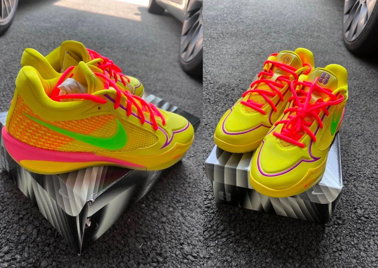 Nike Sabrina 4 EYBL PE in yellow, purple, and orange colorway with tennis ball green Swoosh and hot pink laces - detail view 1