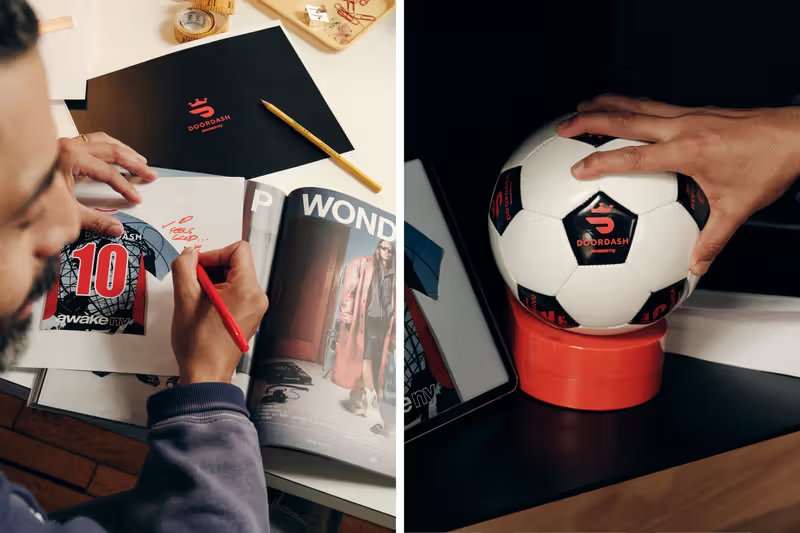 Awake NY x DoorDash exclusive soccer jersey featuring tonal red checkerboard front, gold embroidered collegiate A, and DoorDash chevron with streetwear crown - detail view 4