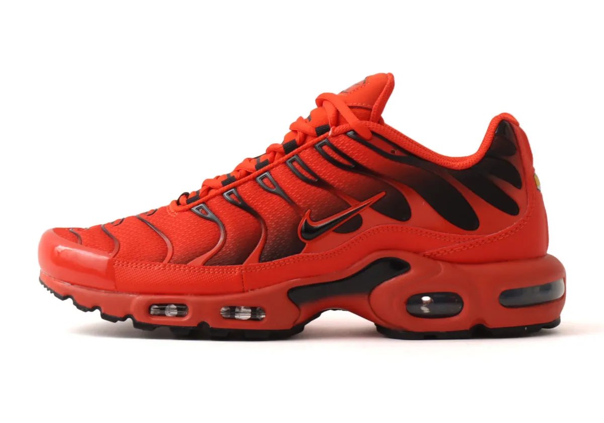 Nike Air Max Plus in red and black colorway, showcasing the silhouette's tubular Air unit and exoskeletal cage design - detail view 1