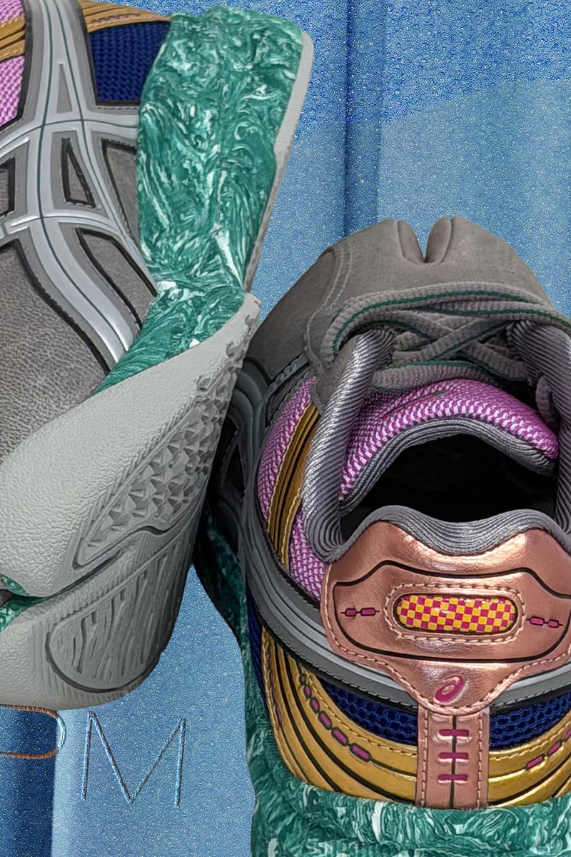 Kiko Kostadinov x ASICS LYASA FF II Tabi sneaker in Clay Grey/Jasper Green colorway, featuring split-toe tabi profile with brogue-inspired forefoot and trail-shoe heel construction - detail view 3