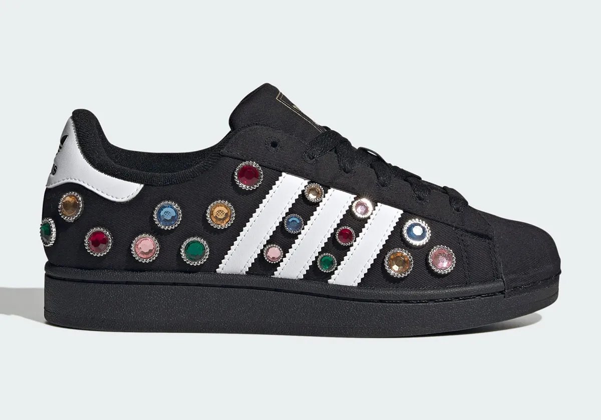 adidas Superstar "Jewel" with multicolored gemstone inlays and silver metallic trim on black canvas upper - detail view 2