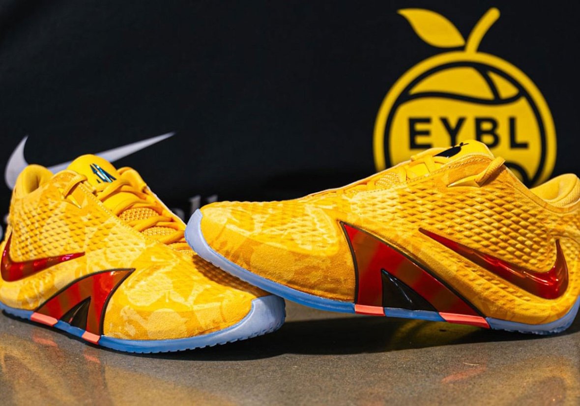 Nike Ja 4 EYBL Peach Jam PE in peach-yellow with metallic red Swoosh and icy blue sole, exclusive player edition for Peach Jam tournament - detail view 4