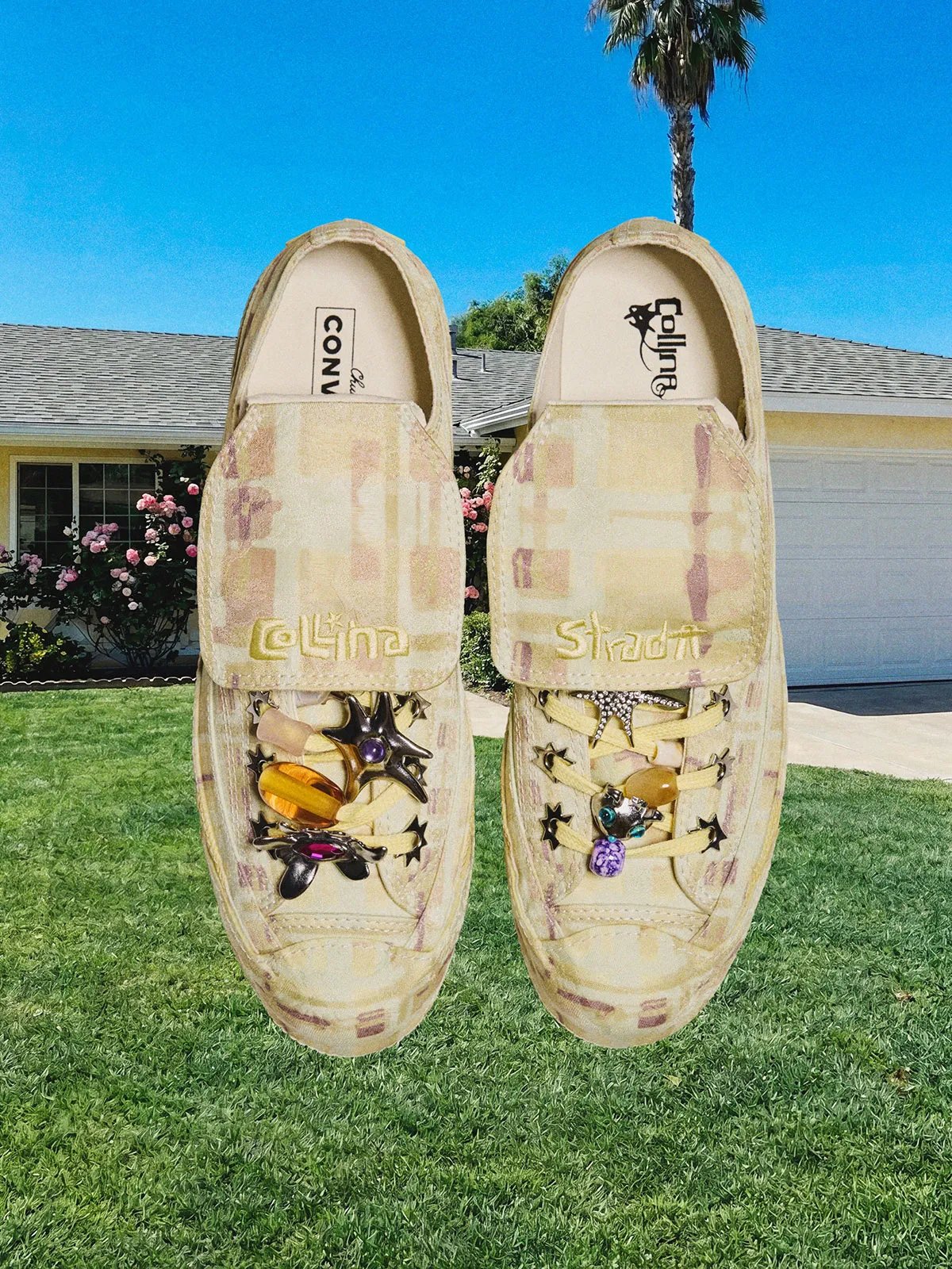 Collina Strada x Converse Chuck 70 collection featuring dark floral prints and pastel colorways with extended tongues and spike eyelets - detail view 2
