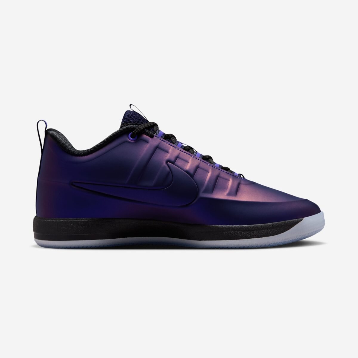 Nike Book 2 PRM Eggplant Foamposite in Varsity Purple with black accents, featuring Foamposite construction - detail view 3