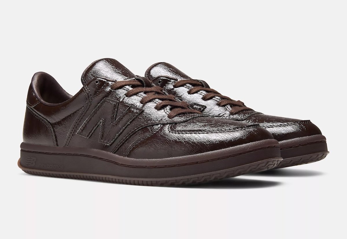 Jack Harlow x New Balance T500 "Olmsted" in Black Coffee leather, shown from the side profile highlighting the soft wrinkled upper and brown midsole. - detail view 3