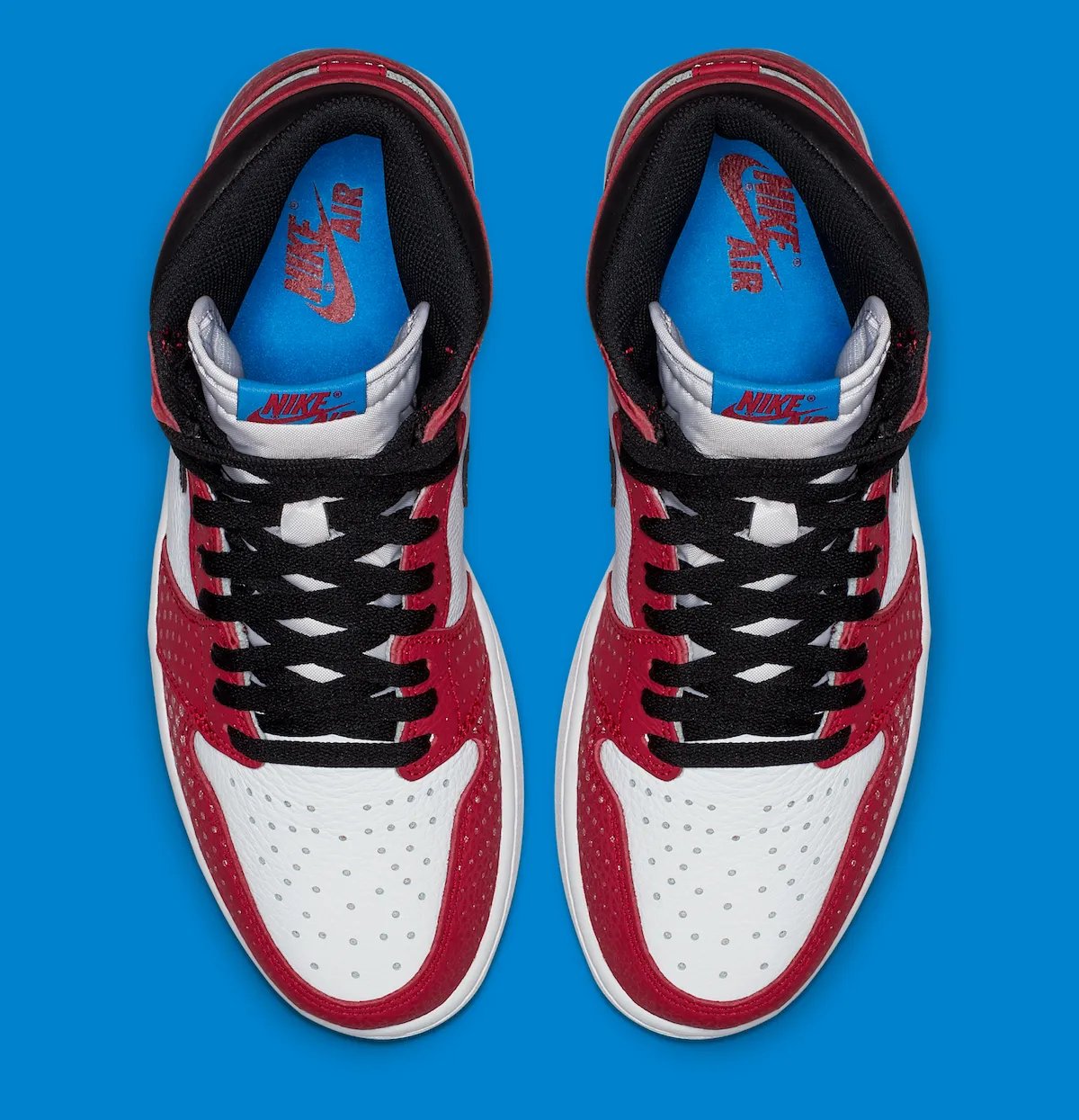 Air Jordan 1 High OG Origin Story in Gym Red, Black, and White with translucent icy outsole and reflective dots, released December 2018 - detail view 5