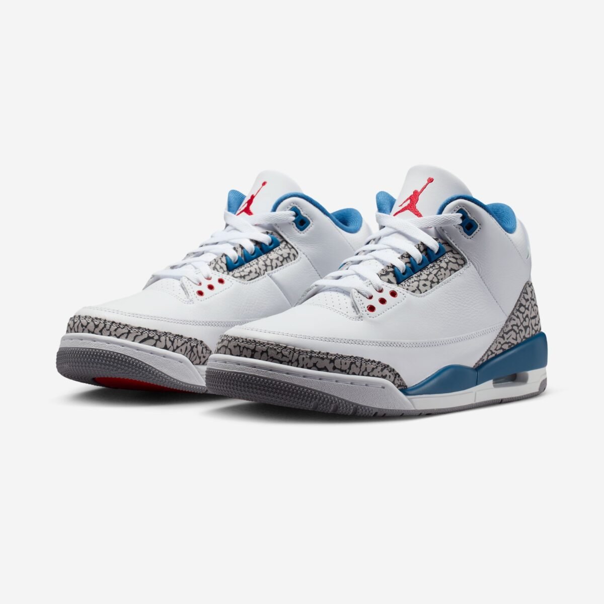 Air Jordan 3 True Blue in white leather with cement grey elephant print and true blue accents, releasing July 2026 - detail view 1