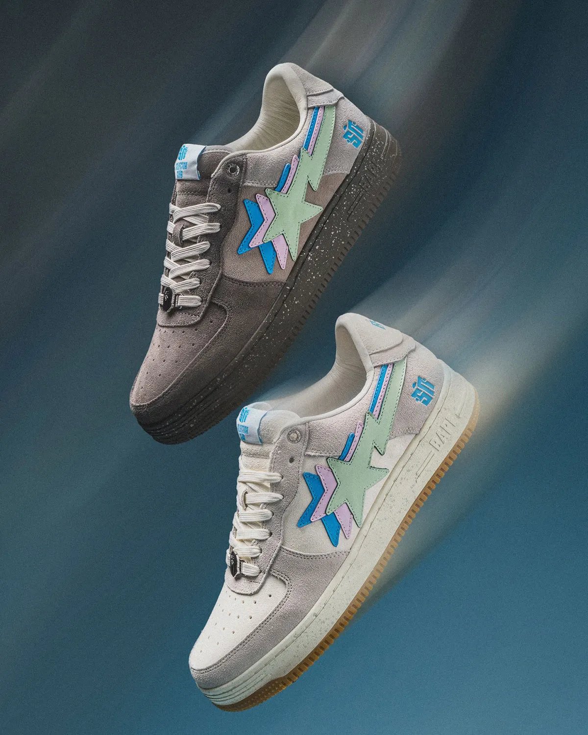 Sneaker News x A Bathing Ape Bape Sta collaboration in white Day and grey Night colorways featuring triple-stacked logos - detail view 2