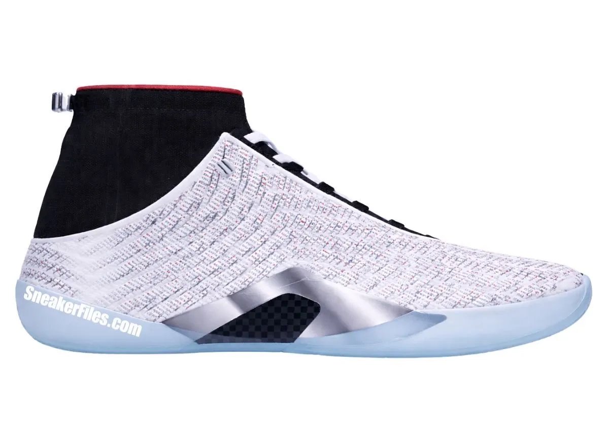 Air Jordan 41 in White, Metallic Silver, and Hyper Cobalt colorway, showcasing woven upper and bootie collar construction - detail view 2