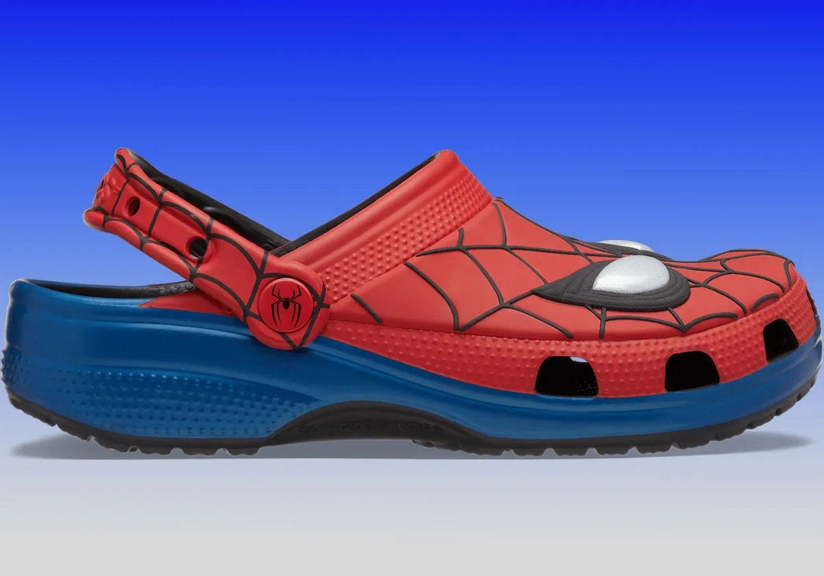 Crocs Classic Clog in red and blue Spider-Man Peter Parker colorway with web patterning and embroidered character eyes - detail view 2