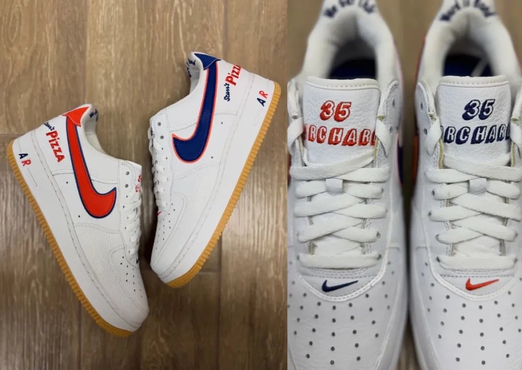 Scarr's Pizza x Nike Air Force 1 Low sample in white pebbled leather with mismatched double-layer Swooshes and updated tongue graphic - detail view 1