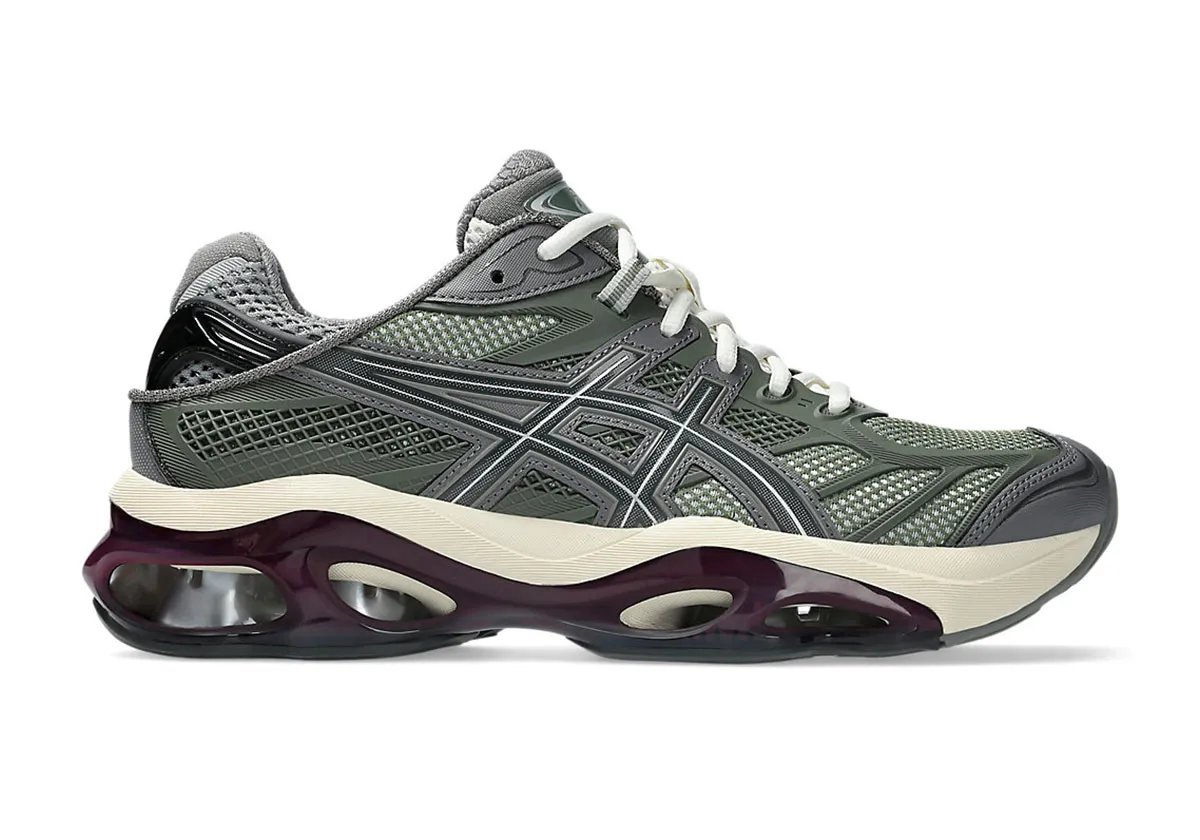 ASICS GEL-Kinetic 2.0 Lichen Green sneaker featuring muted green upper, cream and burgundy midsole with silver GEL pods - detail view 1